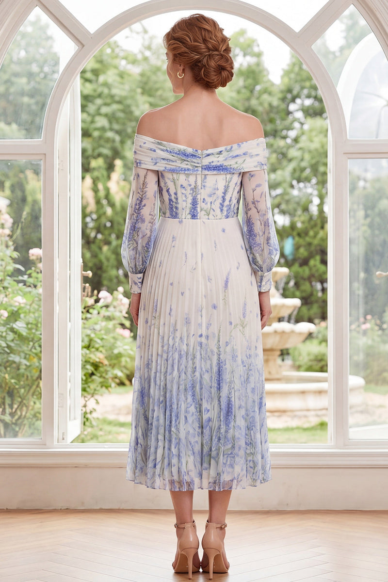 Load image into Gallery viewer, White Blue Flower Long Sleeves A Line Long Mother of the Bride Dress