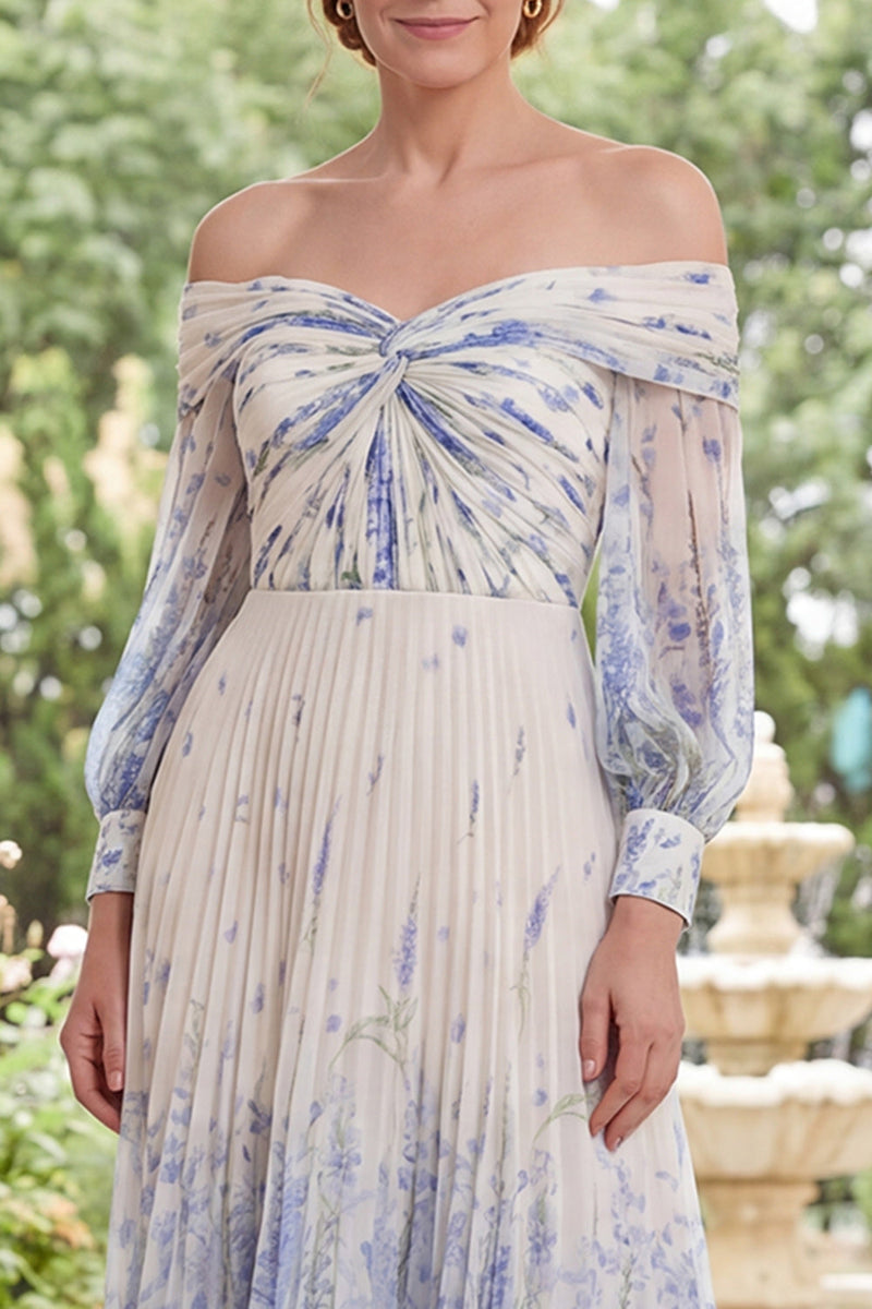 Load image into Gallery viewer, White Blue Flower Long Sleeves A Line Long Mother of the Bride Dress