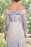 Load image into Gallery viewer, White Blue Flower Long Sleeves A Line Long Mother of the Bride Dress