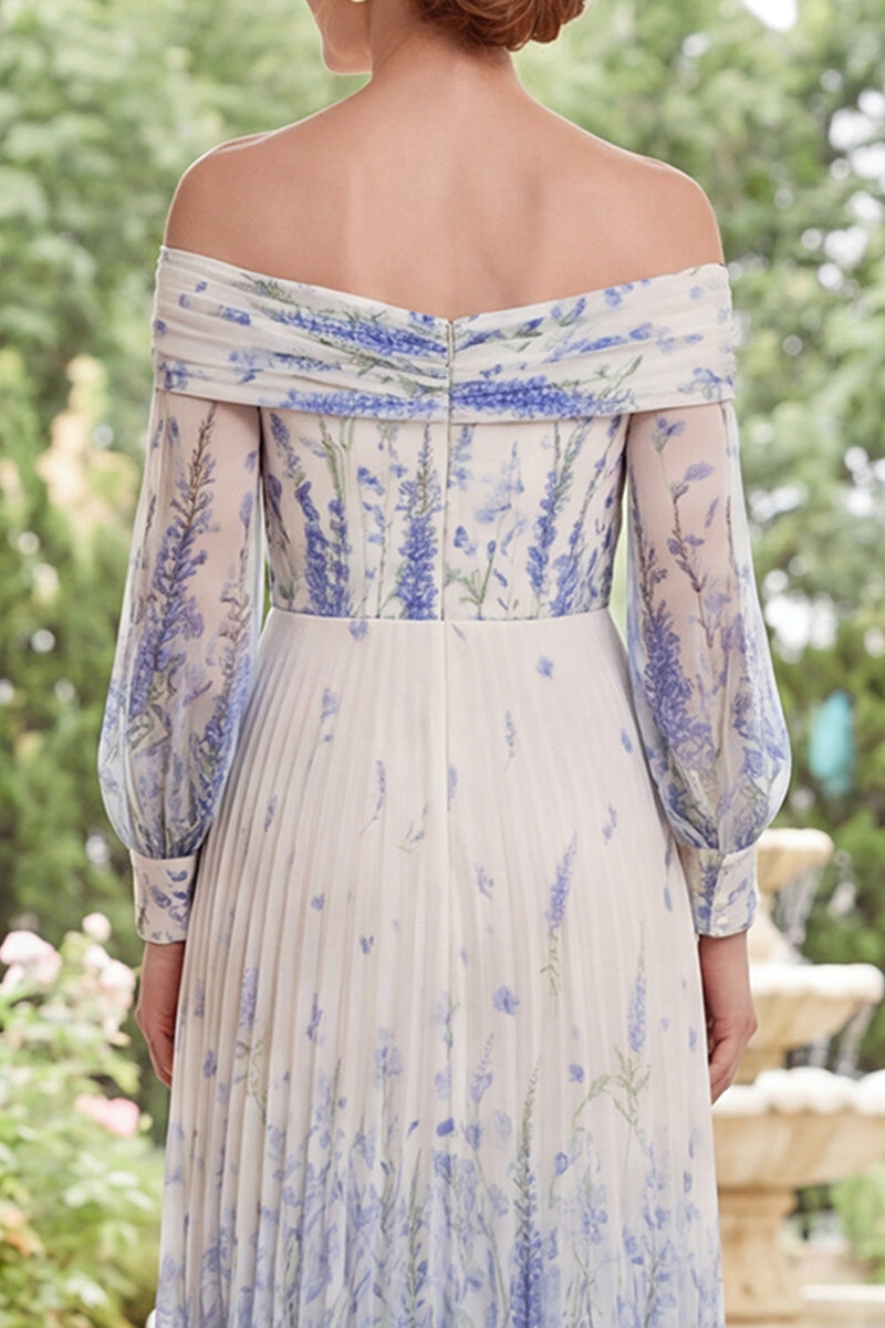 Load image into Gallery viewer, White Blue Flower Long Sleeves A Line Long Mother of the Bride Dress