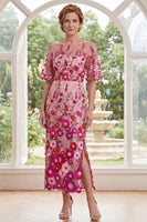 Load image into Gallery viewer, Fuchsia Boat Neck Sheath Floral Long Mother of the Bride Dress with Slit