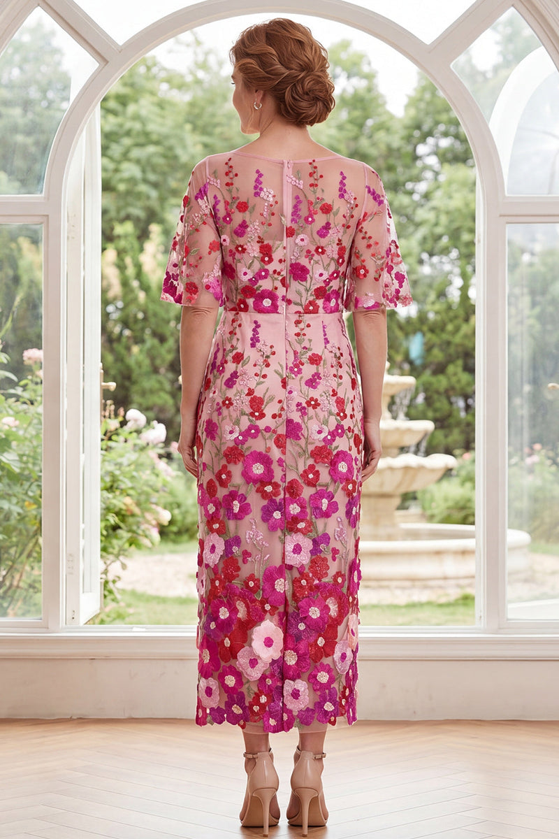 Load image into Gallery viewer, Fuchsia Boat Neck Sheath Floral Long Mother of the Bride Dress with Slit