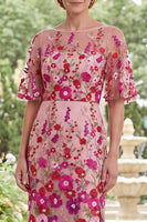 Load image into Gallery viewer, Fuchsia Boat Neck Sheath Floral Long Mother of the Bride Dress with Slit