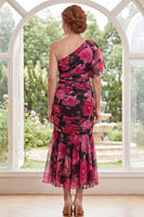Load image into Gallery viewer, Black Red Flower Mermaid One Shoulder Long Mother of the Bride Dress