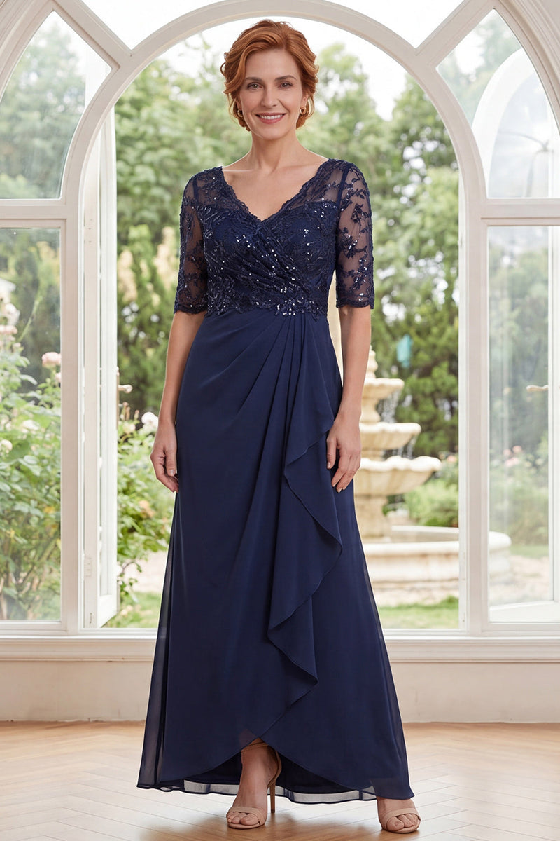 Load image into Gallery viewer, V-Neck Beaded Navy Long Mother of the Bride Dress with Ruffles