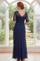 Load image into Gallery viewer, V-Neck Beaded Navy Long Mother of the Bride Dress with Ruffles