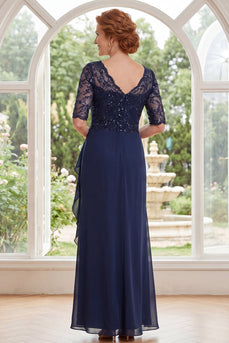 V-Neck Beaded Navy Long Mother of the Bride Dress with Ruffles