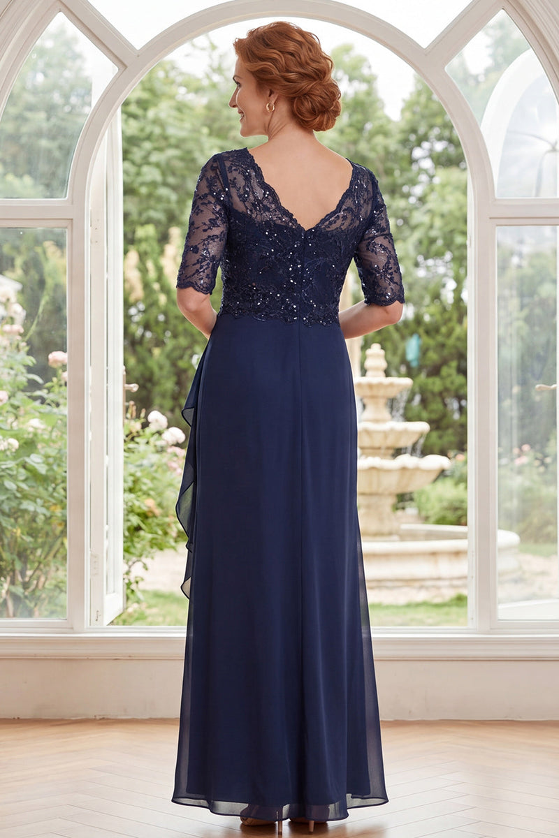 Load image into Gallery viewer, V-Neck Beaded Navy Long Mother of the Bride Dress with Ruffles