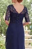 Load image into Gallery viewer, V-Neck Beaded Navy Long Mother of the Bride Dress with Ruffles