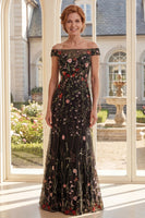 Load image into Gallery viewer, Off the Shoulder Black Mermaid Floral Long Mother of the Bride Dress