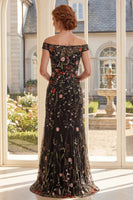 Load image into Gallery viewer, Off the Shoulder Black Mermaid Floral Long Mother of the Bride Dress
