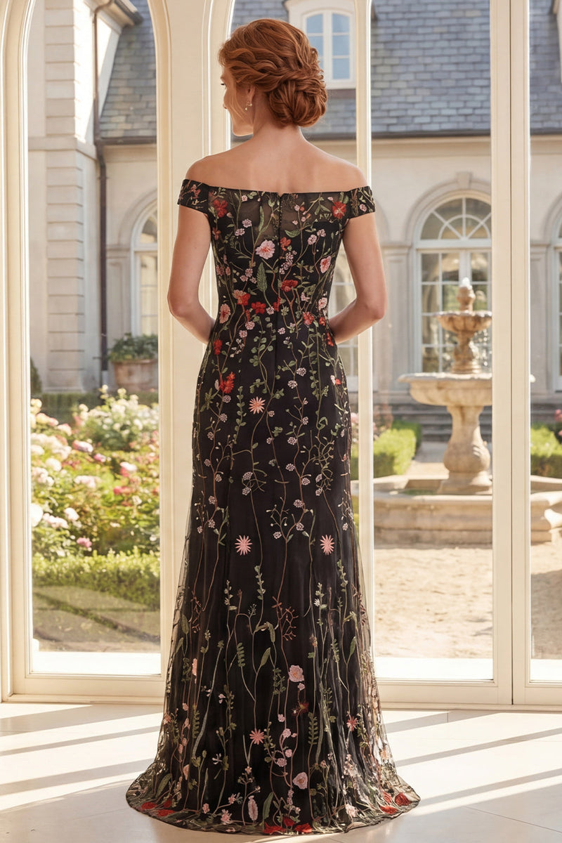 Load image into Gallery viewer, Off the Shoulder Black Mermaid Floral Long Mother of the Bride Dress