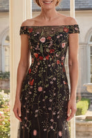 Load image into Gallery viewer, Off the Shoulder Black Mermaid Floral Long Mother of the Bride Dress