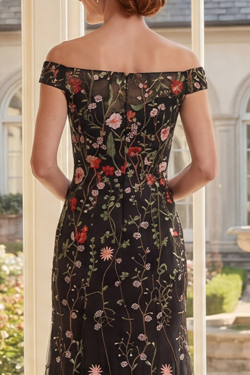 Load image into Gallery viewer, Off the Shoulder Black Mermaid Floral Long Mother of the Bride Dress