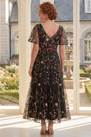 Load image into Gallery viewer, Black Floral Short Sleeves A Line Long Mother of the Bride Dress