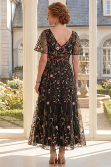 Black Floral Short Sleeves A Line Long Mother of the Bride Dress