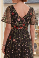Load image into Gallery viewer, Black Floral Short Sleeves A Line Long Mother of the Bride Dress