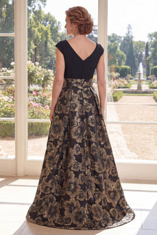 V-Neck Black A Line High Low Floral Mother of the Bride Dress