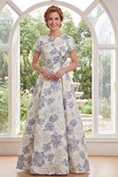 Load image into Gallery viewer, Dusty Blue Floral Round Neck A Line Long Mother of the Bride Dress