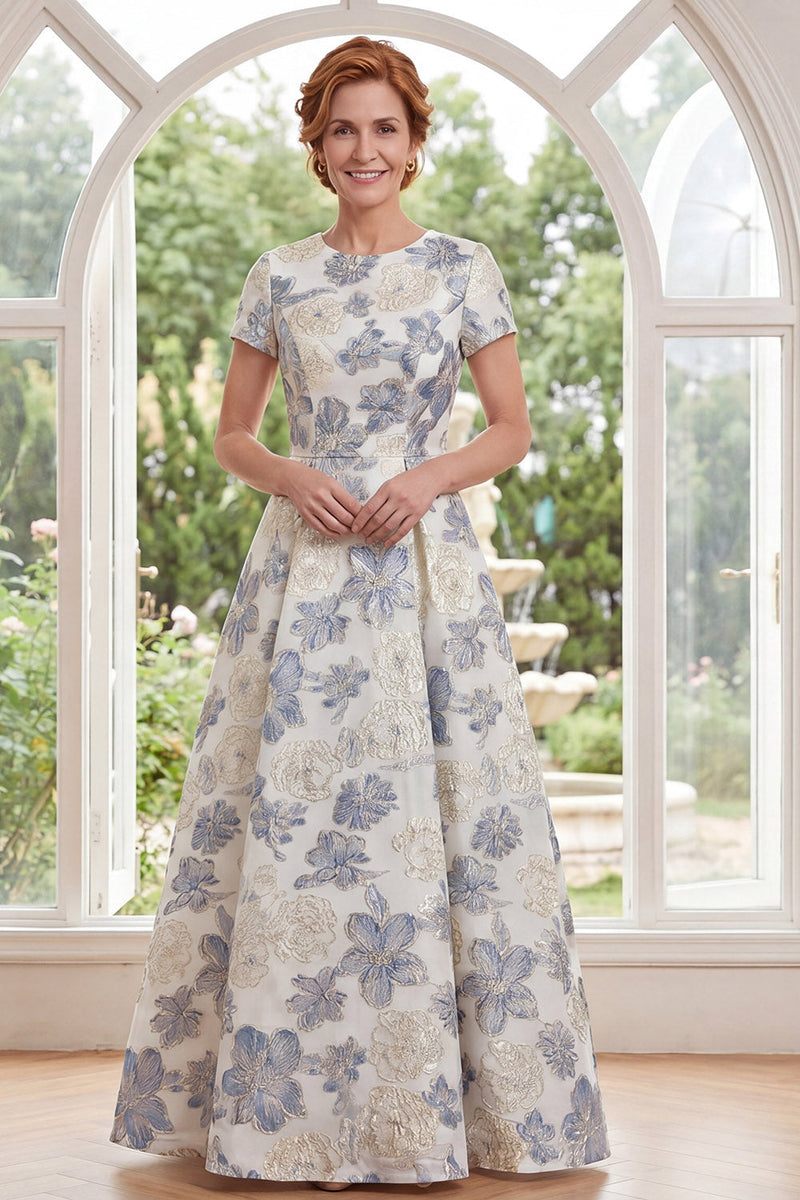 Load image into Gallery viewer, Dusty Blue Floral Round Neck A Line Long Mother of the Bride Dress