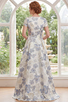 Load image into Gallery viewer, Dusty Blue Floral Round Neck A Line Long Mother of the Bride Dress