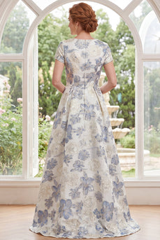 Dusty Blue Floral Round Neck A Line Long Mother of the Bride Dress