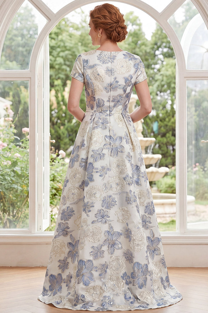 Load image into Gallery viewer, Dusty Blue Floral Round Neck A Line Long Mother of the Bride Dress