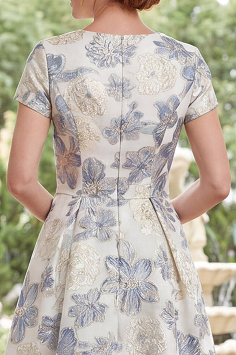 Load image into Gallery viewer, Dusty Blue Floral Round Neck A Line Long Mother of the Bride Dress
