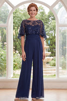 Load image into Gallery viewer, Sparkly Beaded Navy Long Mother of the Bride Jumpsuits with Cape