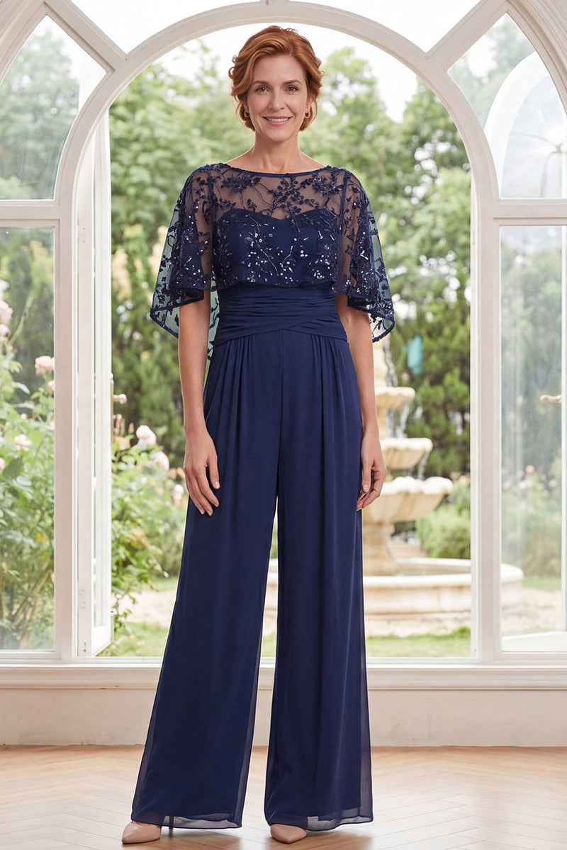 Load image into Gallery viewer, Sparkly Beaded Navy Long Mother of the Bride Jumpsuits with Cape