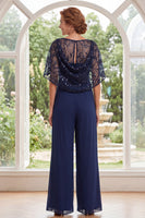 Load image into Gallery viewer, Sparkly Beaded Navy Long Mother of the Bride Jumpsuits with Cape