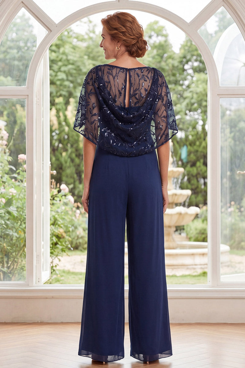 Load image into Gallery viewer, Sparkly Beaded Navy Long Mother of the Bride Jumpsuits with Cape