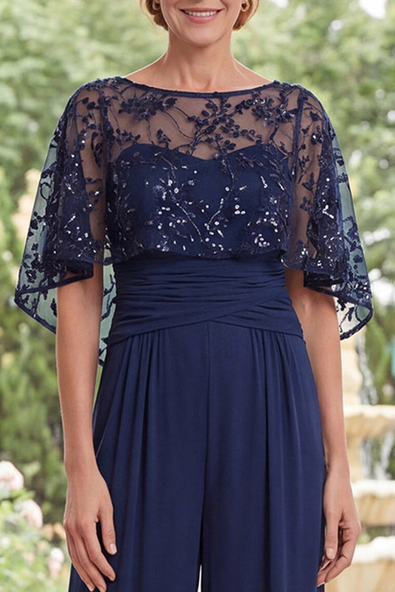 Load image into Gallery viewer, Sparkly Beaded Navy Long Mother of the Bride Jumpsuits with Cape