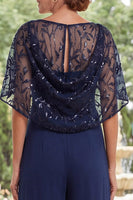 Load image into Gallery viewer, Sparkly Beaded Navy Long Mother of the Bride Jumpsuits with Cape