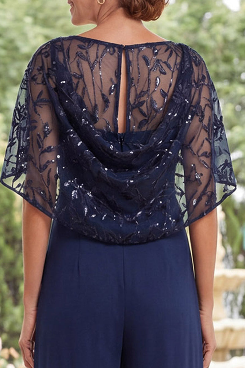 Load image into Gallery viewer, Sparkly Beaded Navy Long Mother of the Bride Jumpsuits with Cape