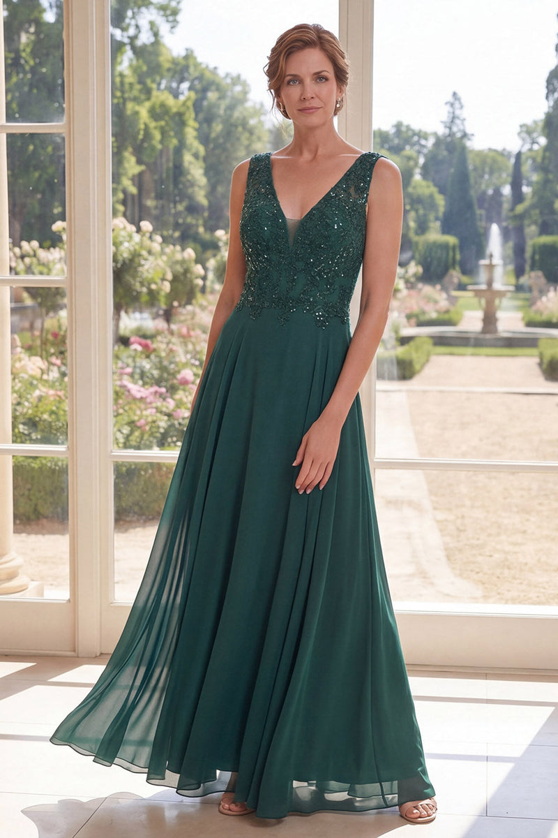 Load image into Gallery viewer, Dark Green Beaded V-Neck A Line Long Mother of the Bride Dress