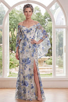 Load image into Gallery viewer, Mermaid Blue Flower Long Mother of the Bride Dress with Cape