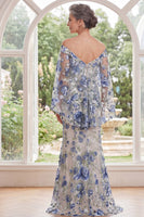 Load image into Gallery viewer, Mermaid Blue Flower Long Mother of the Bride Dress with Cape