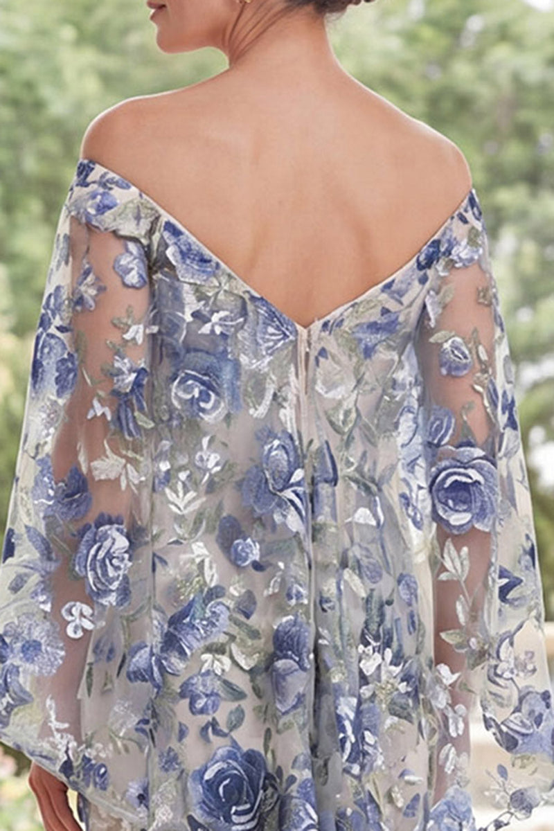 Load image into Gallery viewer, Mermaid Blue Flower Long Mother of the Bride Dress with Cape