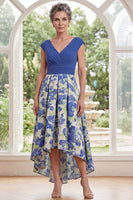 Load image into Gallery viewer, Blue Daffodil Flower High Low A Line V-Neck Mother of the Bride Dress