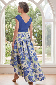 Blue Daffodil Flower High Low A Line V-Neck Mother of the Bride Dress