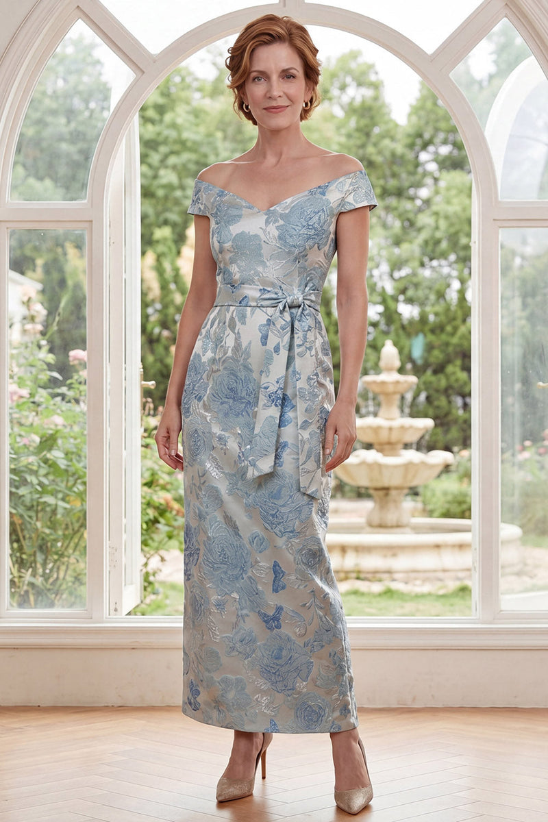 Load image into Gallery viewer, Blue Floral Sheath Off the Shoulder Long Mother of the Bride Dress