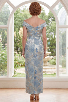 Blue Floral Sheath Off the Shoulder Long Mother of the Bride Dress