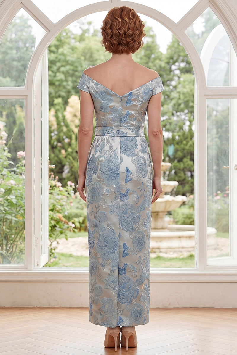 Load image into Gallery viewer, Blue Floral Sheath Off the Shoulder Long Mother of the Bride Dress