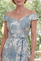 Load image into Gallery viewer, Blue Floral Sheath Off the Shoulder Long Mother of the Bride Dress