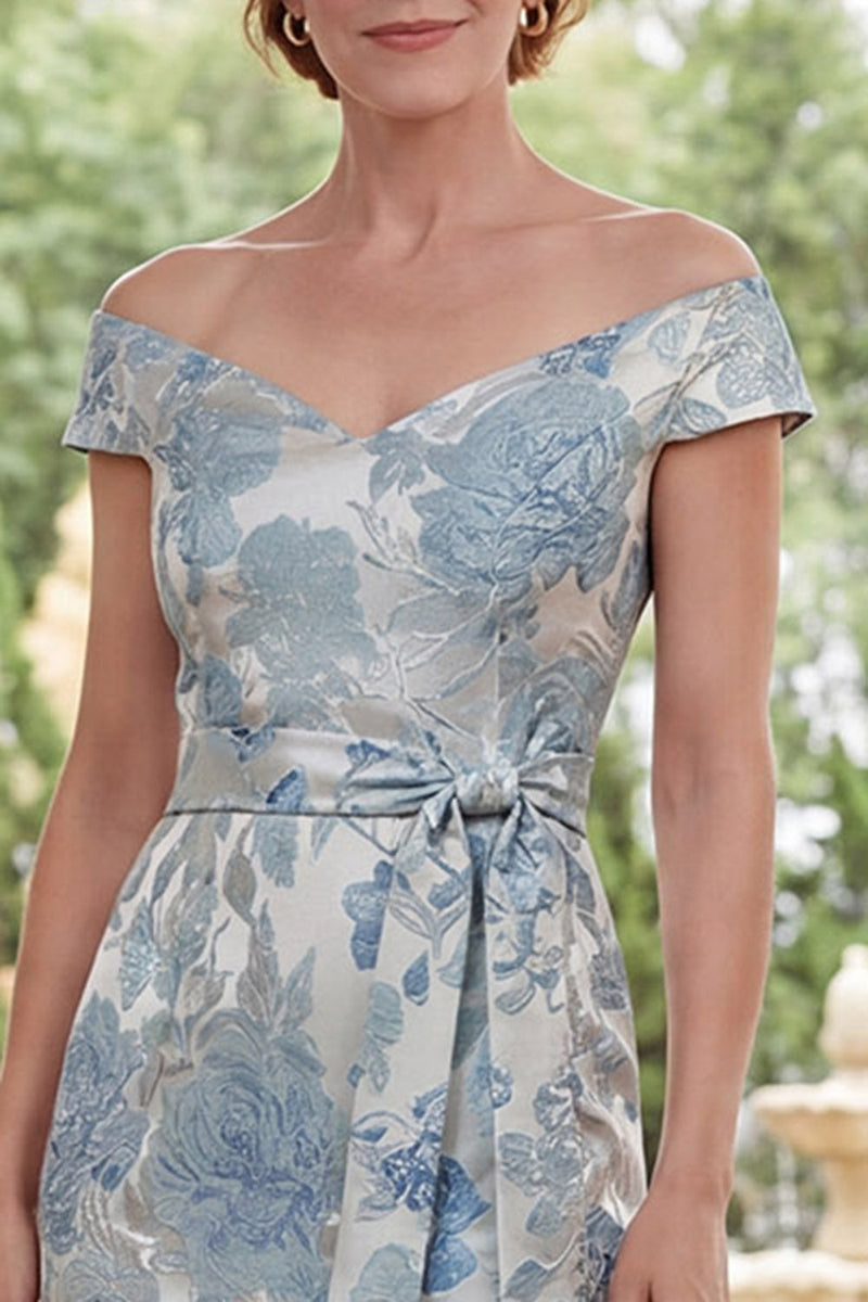 Load image into Gallery viewer, Blue Floral Sheath Off the Shoulder Long Mother of the Bride Dress