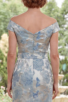 Load image into Gallery viewer, Blue Floral Sheath Off the Shoulder Long Mother of the Bride Dress