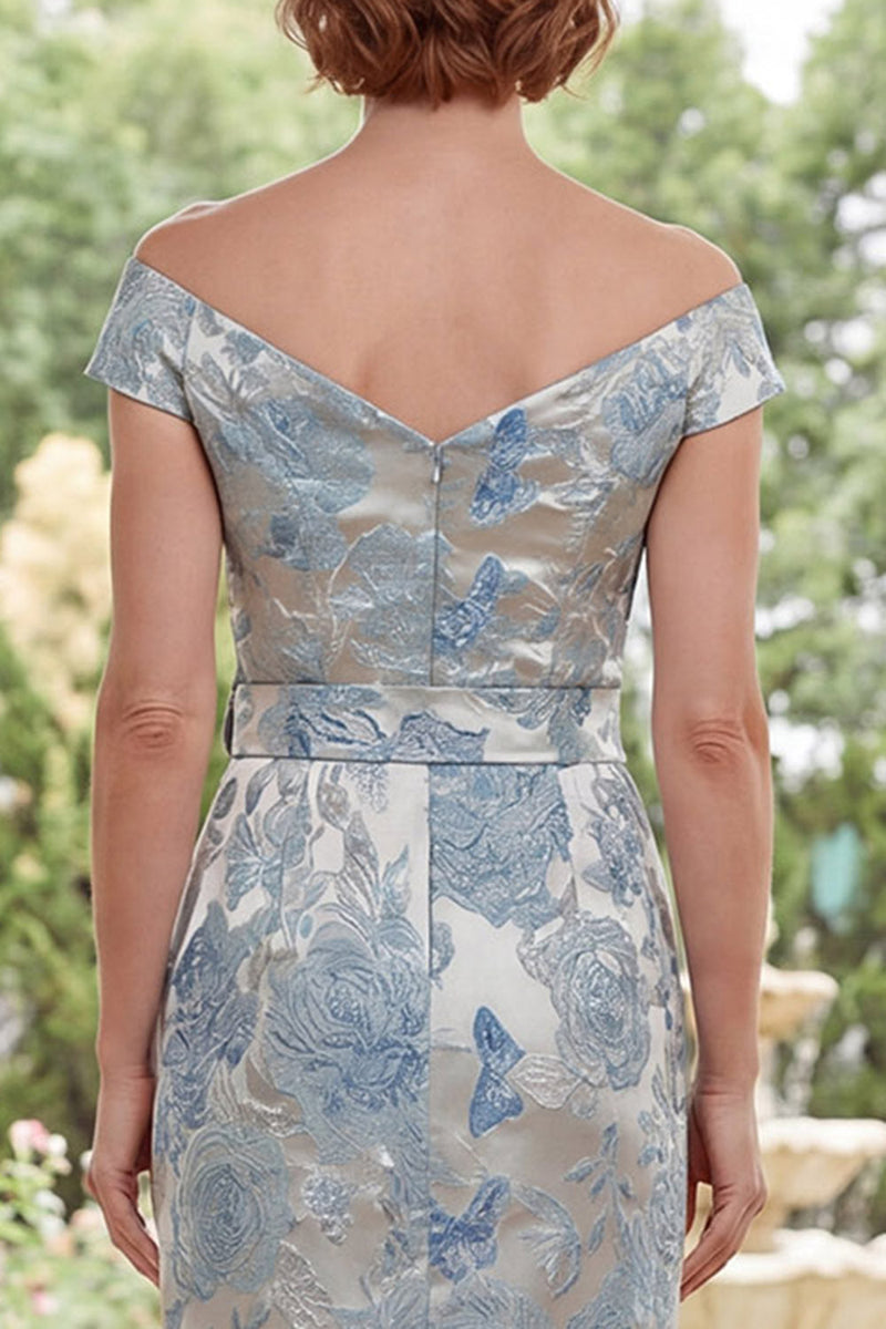 Load image into Gallery viewer, Blue Floral Sheath Off the Shoulder Long Mother of the Bride Dress