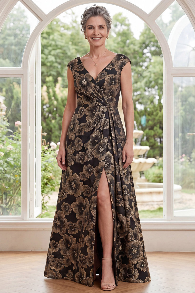 Load image into Gallery viewer, V-Neck Floral Black A Line Long Mother of the Bride Dress with Slit
