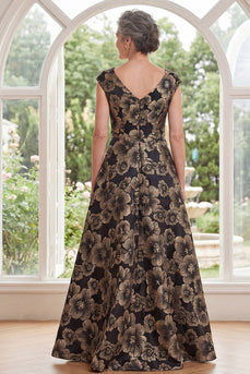 V-Neck Floral Black A Line Long Mother of the Bride Dress with Slit